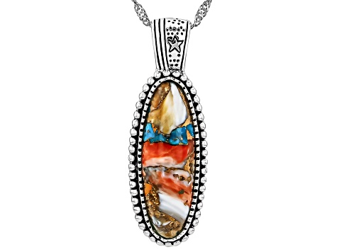 Blended Spiny Oyster Shell & Composite Turquoise Sterling Silver Pendant With 18" Singapore Chain