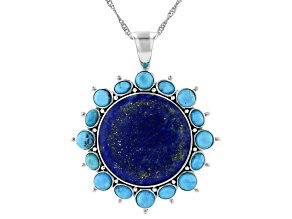 Lapis Lazuli & Composite Turquoise Sterling Silver Sun Enhancer Pendant With 18" Chain, 25mm