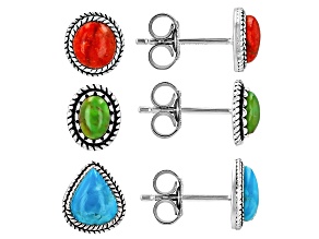 Coral, Green & Blue Turquoise Sterling Silver Set of 3 Stud Earrings,6x5mm, 5x4mm, 4.5x3mm
