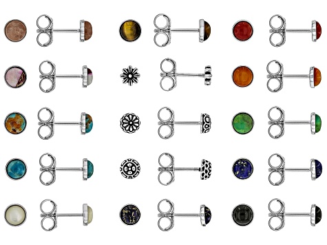 Multi-Gemstone Rhodium Over Brass Stud Earring Set of 15 With Pouch