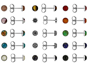 Multi-Gemstone Rhodium Over Brass Stud Earring Set of 15 With Pouch