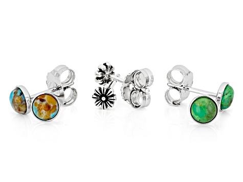 Multi-Gemstone Rhodium Over Brass Stud Earring Set of 15 With