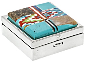 Mixed Gemstones Silver Tone Pill Box