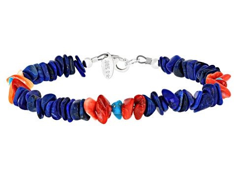 Lapis, Sleeping Beauty Turquoise, Spiny Oyster Shell \ Silver Tone Nugget Chip Bracelet