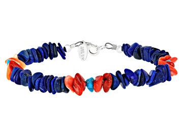 Picture of Lapis, Sleeping Beauty Turquoise, Spiny Oyster Shell \ Silver Tone Nugget Chip Bracelet