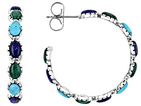 Blue Composite Turquoise With Blue Lapis Lazuli & Green Malachite Silver Hoop Earrings, 5x3.5mm