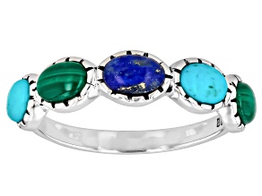 Blue Composite Turquoise With Blue lapis Lazuli & Green Malachite Silver Band Ring, 5x3.5mm