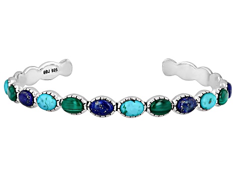 Blue Composite Turquoise With Blue lapis Lazuli & Green Malachite Silver Bangle Bracelet, 7x5mm