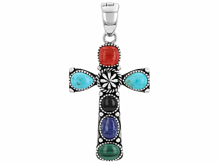Multi Color Gemstone Sterling Silver Cross Enhancer Pendant