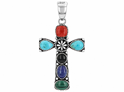 Multi Color Gemstone Sterling Silver Cross Enhancer Pendant