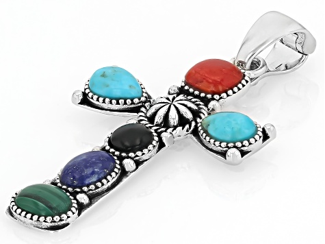 Multi Color Gemstone Sterling Silver Cross Enhancer Pendant