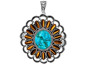 Blue Kingman Turquoise With Golden Tigers Eye Sterling Silver Enhancer Pendant