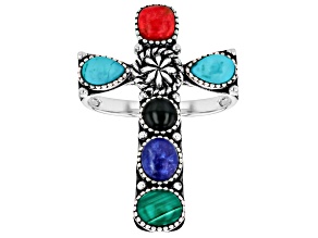 Multi Color Gemstone Sterling Silver Cross Ring