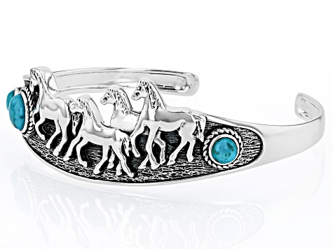 Blue Composite Turquoise Sterling Silver Horse Cuff Bangle, 7mm