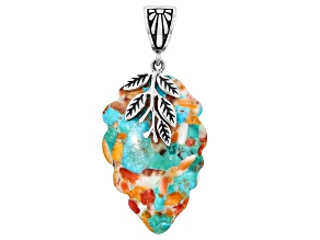 Blended Blue Turquoise & Orange Spiny Oyster Shell Silver Leaf Enhancer Pendant