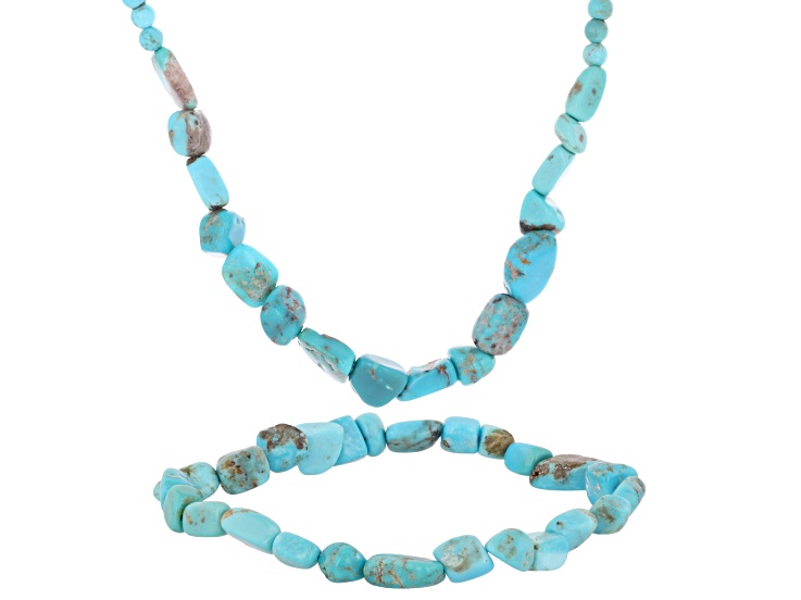 Blue and Green Kingman Turquoise Rhodium Over Sterling Silver Necklace and Bracelet Set
