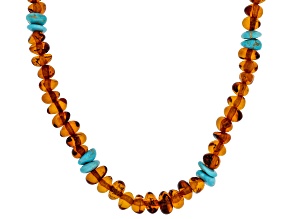 Orange Amber & Turquoise Beaded Sterling Silver Necklace