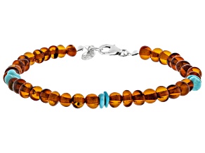 Amber With Turquoise Beaded Sterling Silver Bracelet