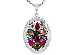 Mixed Pressed Flowers Set in Resin Rhodium Over Brass Pendant With 18"L Chain, 22x15mm