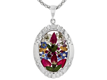 Picture of Mixed Pressed Flowers Set in Resin Rhodium Plated Pendant With 18"L Chain, 22x15mm