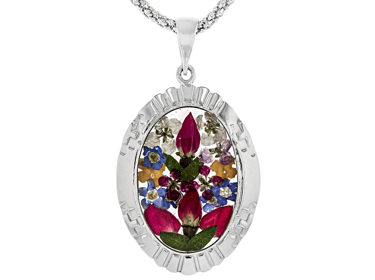 Mixed Pressed Flowers Set in Resin Rhodium Plated Pendant With 18"L Chain, 22x15mm