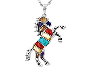 Blue Composite Turquoise with Multi Gemstone Sterling Silver Horse Pendant With Chain