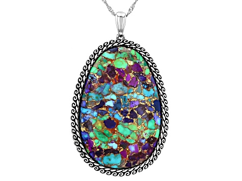 Blended Multi-Color Composite Turquoise Rhodium Plated Pendant