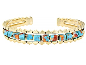 Blue Composite Turquoise with Spiny Oyster Shell 18K Yellow Gold Over Brass Bangle