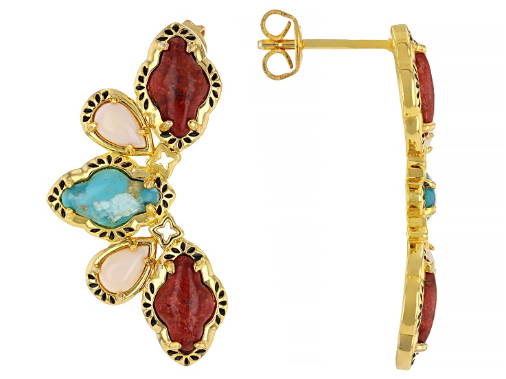 Sponge Coral with Multi Gemstone 18K Yellow Gold Plated Earrings