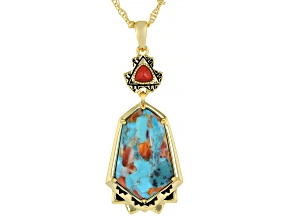 Composite Turquoise with Spiny Oyster Shell & Sponge Coral 18K Gold Over Brass Pendant with Chain