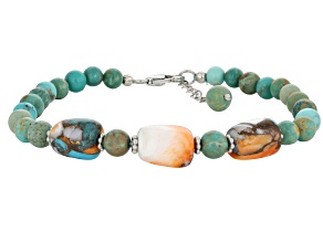 Blended Spiny Oyster with Green Turquoise Rhodium Over Sterling Silver Bracelet
