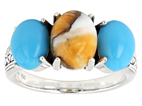 Blended Spiny Oyster Shell, Sleeping Beauty Turquoise Sterling Silver 3 Stone Ring, 9x7mm
