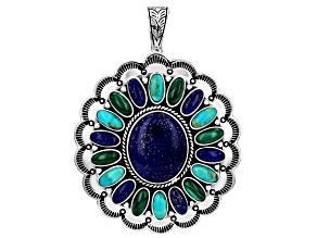 Lapis With Kingman Turquoise & Malachite Sterling Silver Enhancer Pendant, 22x18mm