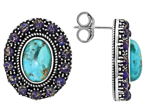Blue and Purple Composite Turquoise Sterling Silver Halo Stud Earrings 12x8mm & 3mm
