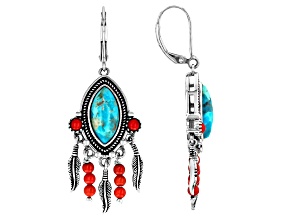 Blue Composite Turquoise with Red Bamboo Coral Sterling Silver Feather Earrings