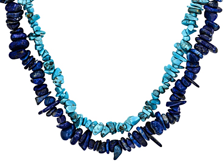 Blue Kingman Turquoise with Blue Lapis Lazuli Rhodium Over Sterling Silver Strand Necklace, 6mm