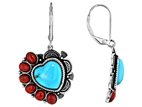 Blue Kingman Turquoise with Red Sponge Coral Sterling Silver Heart Earrings