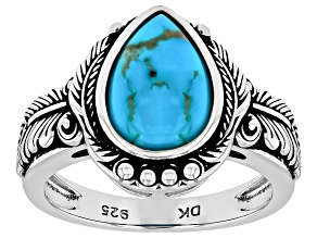 Blue Kingman Turquoise Sterling Silver Feather  Ring, 12x8mm
