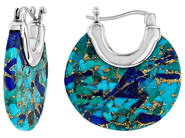Multi Color Blended Composite Turquoise & Lapis Lazuli Rhodium Over Sterling Silver Earrings