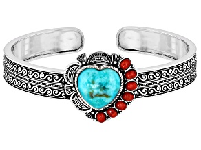 Blue Kingman Turquoise with Red Sponge Composite Coral Sterling Silver Heart Cuff Bangle