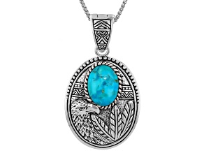 Blue Composite Turquoise Rhodium Plated Eagle Enhancer Pendant With 18" Box Chain, 12x9mm