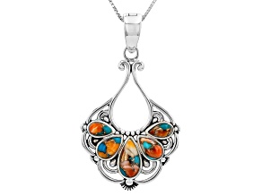 Blended Blue Composite Turquoise with Orange Spiny Oyster Shell Sterling Silver Pendant with Chain