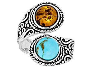 Blue Kingman Turquoise With Orange Amber  Sterling Silver Ring, 8mm