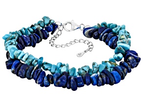 Blue Kingman Turquoise with Blue Lapis Lazuli Rhodium Over Silver Twist Strand Beaded Bracelet