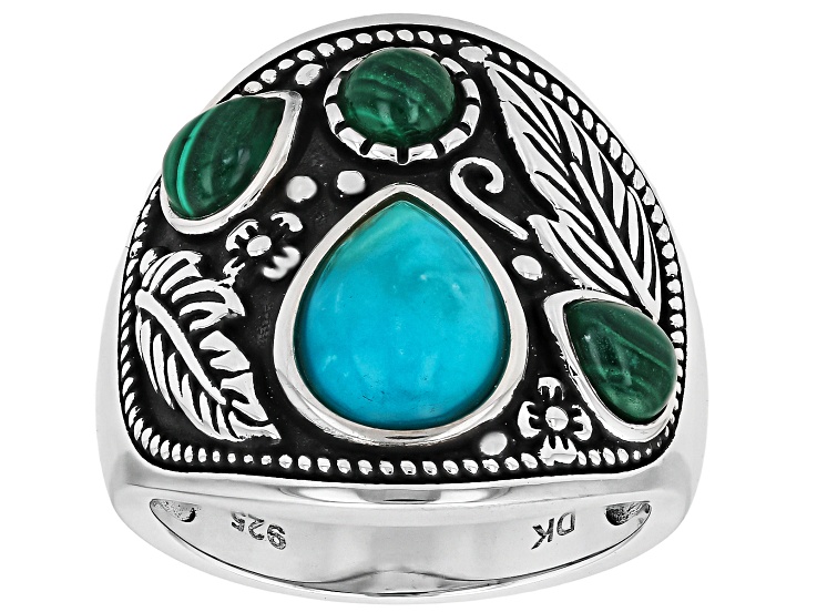 Blue Kingman Turquoise With Green Malachite Rhodium Over Sterling
