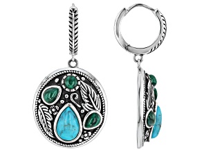 Kingman Turquoise With Green Malachite Rhodium Over Sterling Silver Leaf Dangle Earrings