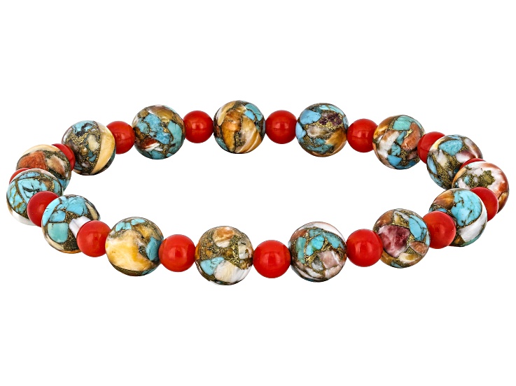 Blended Orange Spiny Oyster & Blue Composite Turquoise With Red Bamboo Coral Stretch Bracelet