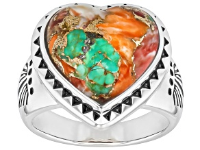 Blended Green Composite Turquoise & Spiny Oyster Shell Sterling Silver Heart Ring 15x14mm