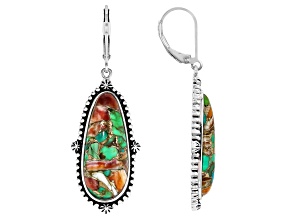 Blended Green Composite Turquoise with Orange Spiny Oyster Shell Sterling Silver Earrings 25x10mm