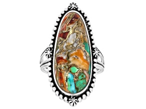 Green Composite Turquoise with Orange Spiny Oyster Shell Sterling Silver Ring